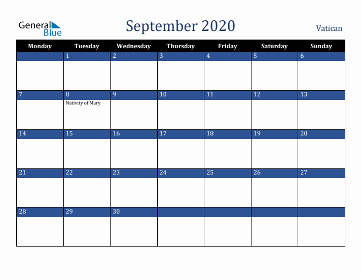 September 2020 Vatican Calendar (Monday Start)