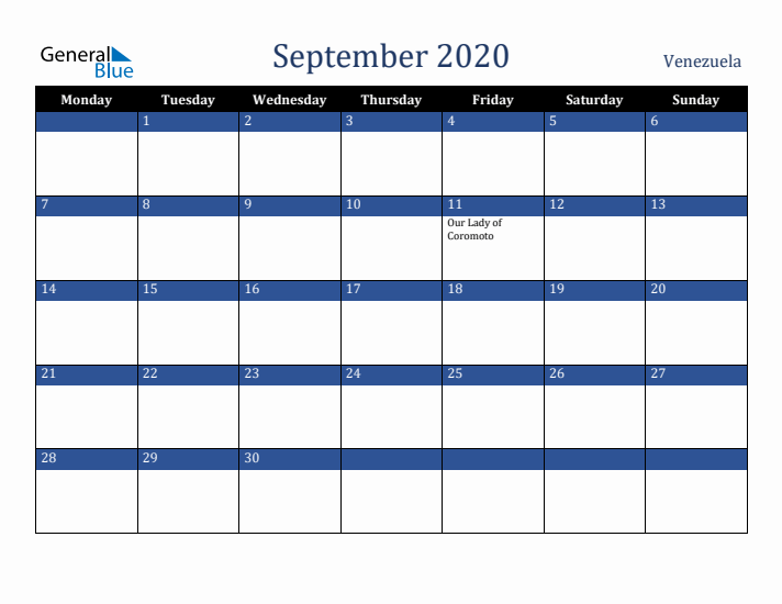 September 2020 Venezuela Calendar (Monday Start)