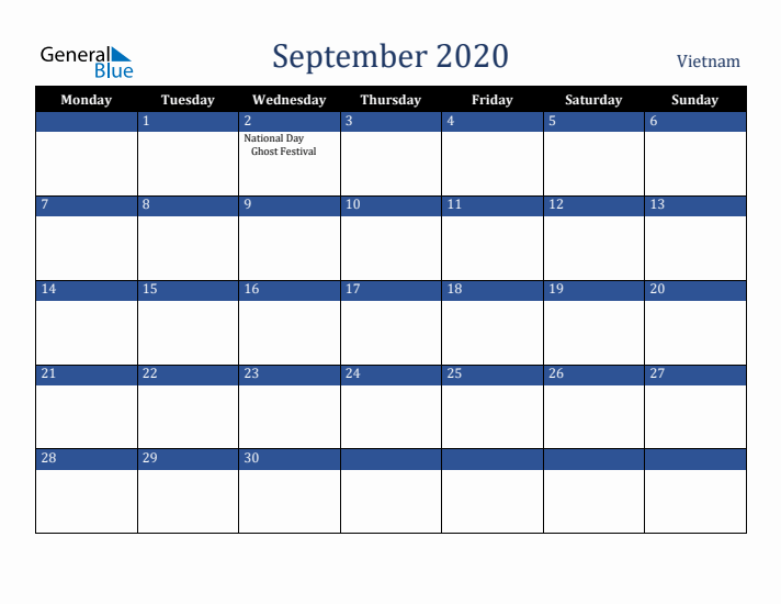 September 2020 Vietnam Calendar (Monday Start)