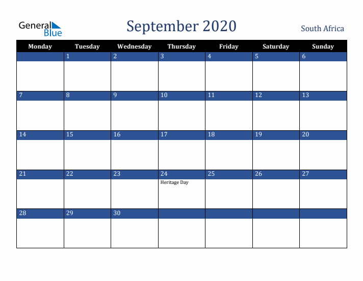 September 2020 South Africa Calendar (Monday Start)