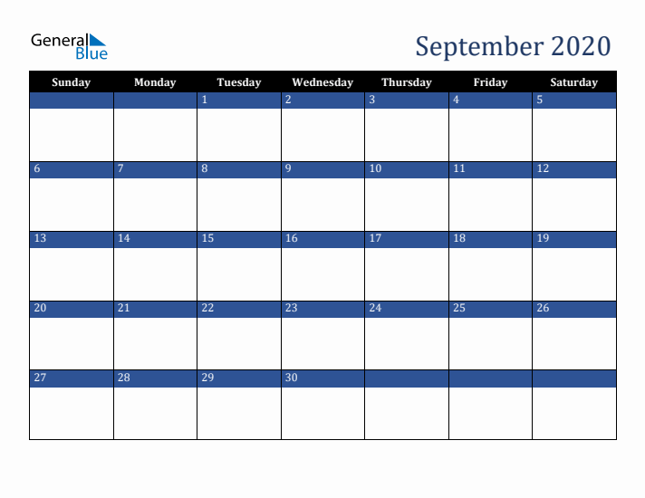 Sunday Start Calendar for September 2020