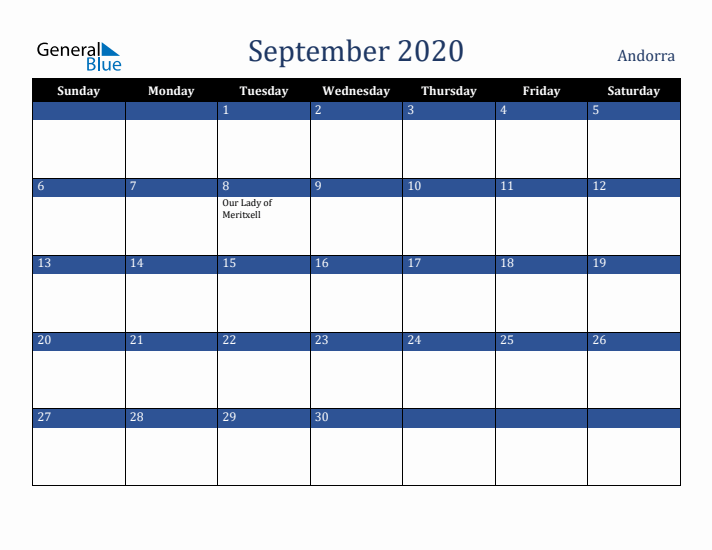 September 2020 Andorra Calendar (Sunday Start)