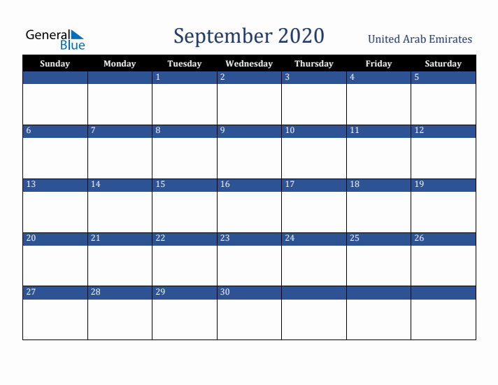 September 2020 United Arab Emirates Calendar (Sunday Start)