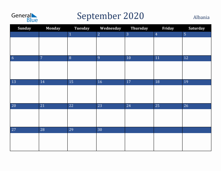 September 2020 Albania Calendar (Sunday Start)