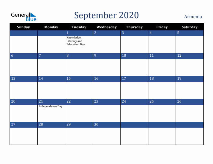 September 2020 Armenia Calendar (Sunday Start)
