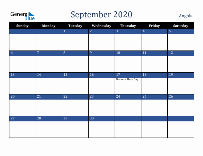 September 2020 Angola Calendar (Sunday Start)