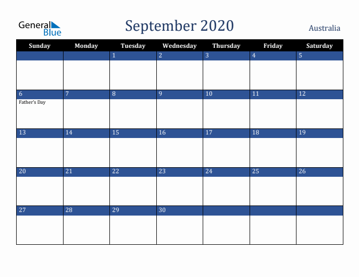 September 2020 Australia Calendar (Sunday Start)