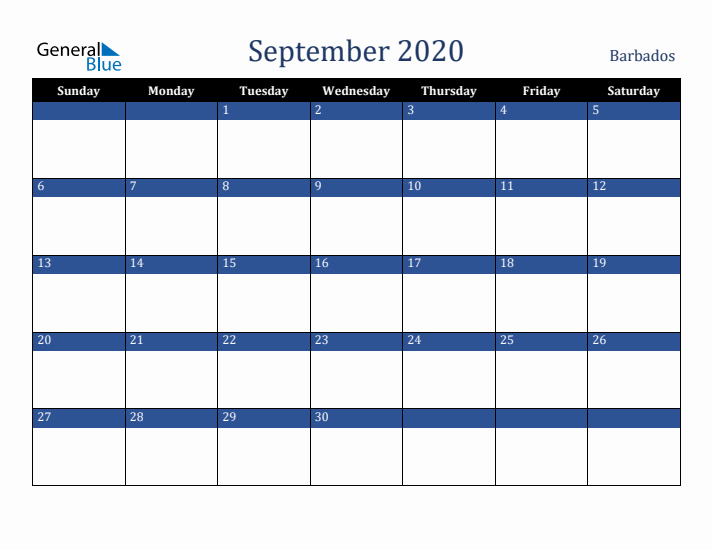 September 2020 Barbados Calendar (Sunday Start)