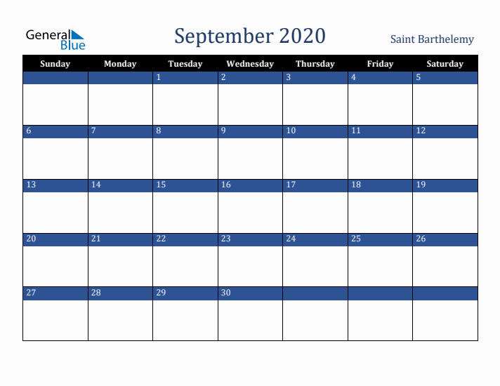 September 2020 Saint Barthelemy Calendar (Sunday Start)