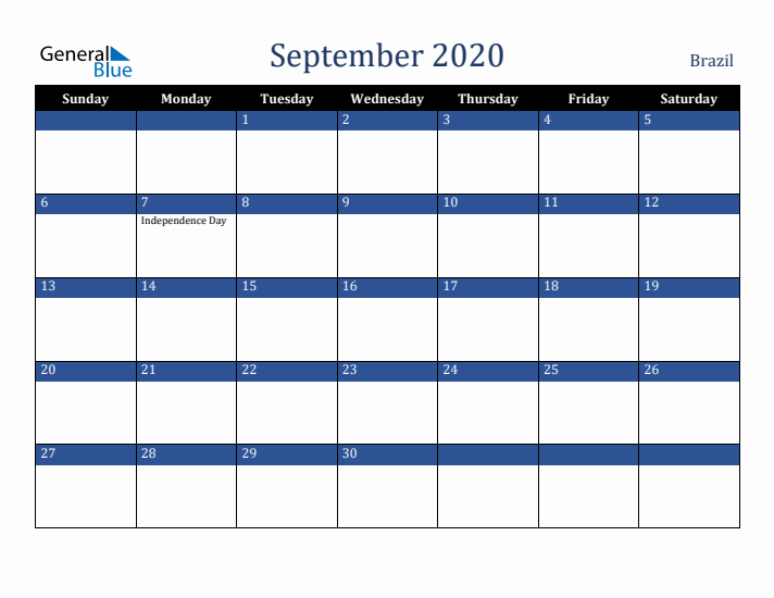 September 2020 Brazil Calendar (Sunday Start)