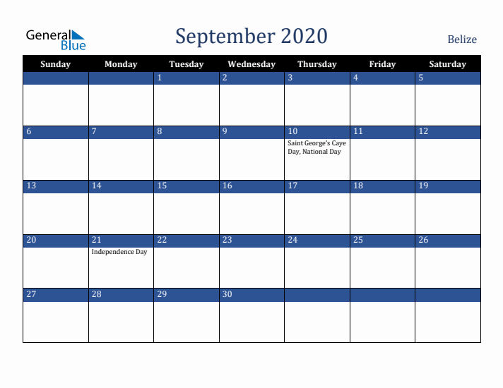 September 2020 Belize Calendar (Sunday Start)