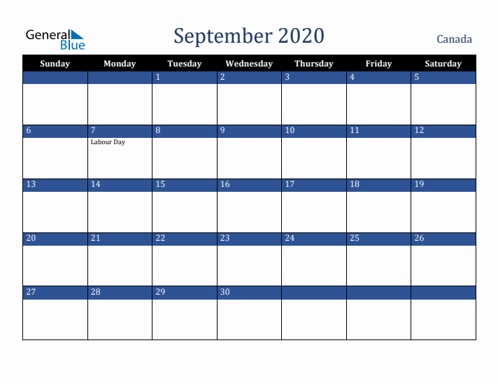September 2020 Canada Calendar (Sunday Start)