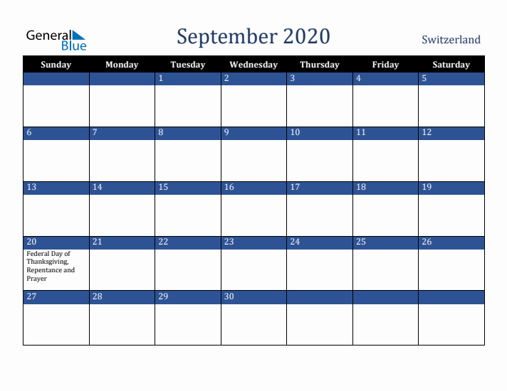 September 2020 Switzerland Calendar (Sunday Start)
