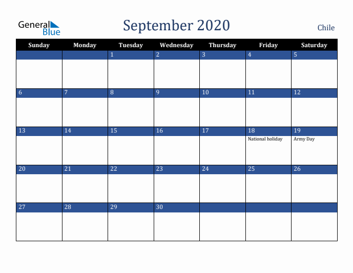 September 2020 Chile Calendar (Sunday Start)