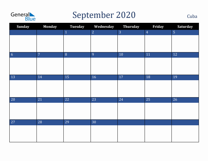 September 2020 Cuba Calendar (Sunday Start)