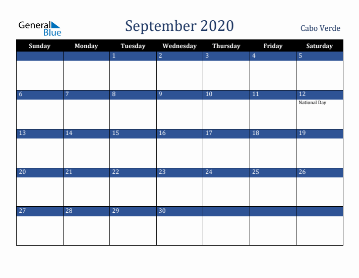 September 2020 Cabo Verde Calendar (Sunday Start)