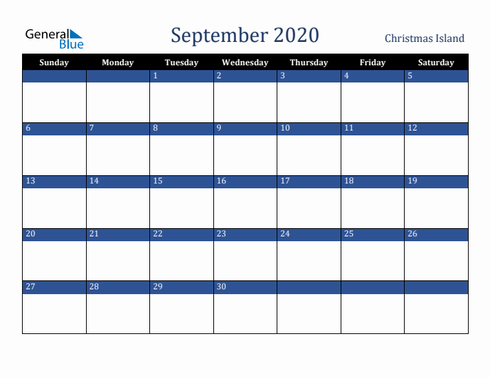 September 2020 Christmas Island Calendar (Sunday Start)