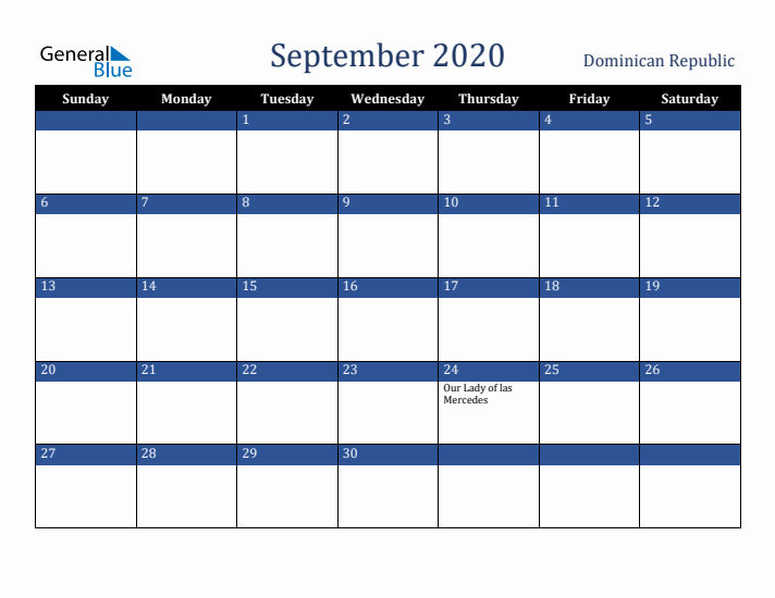 September 2020 Dominican Republic Calendar (Sunday Start)
