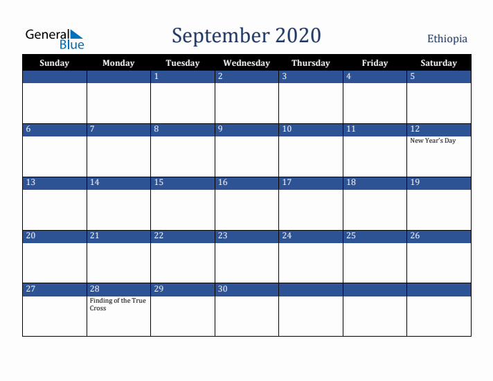 September 2020 Ethiopia Calendar (Sunday Start)