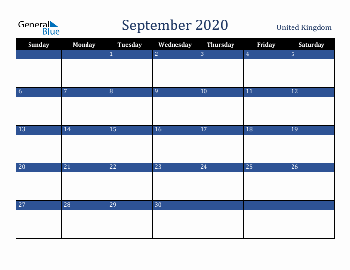 September 2020 United Kingdom Calendar (Sunday Start)