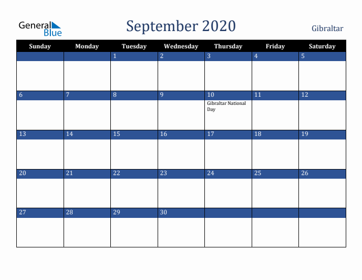 September 2020 Gibraltar Calendar (Sunday Start)