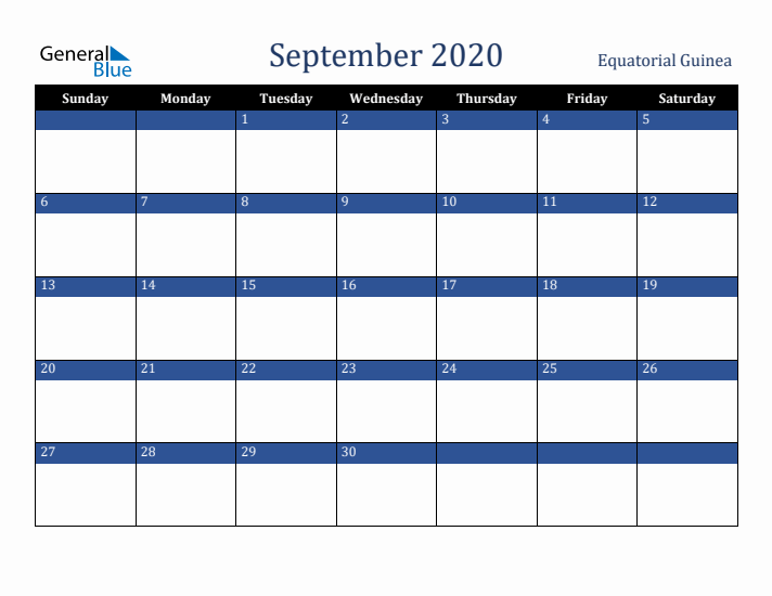 September 2020 Equatorial Guinea Calendar (Sunday Start)