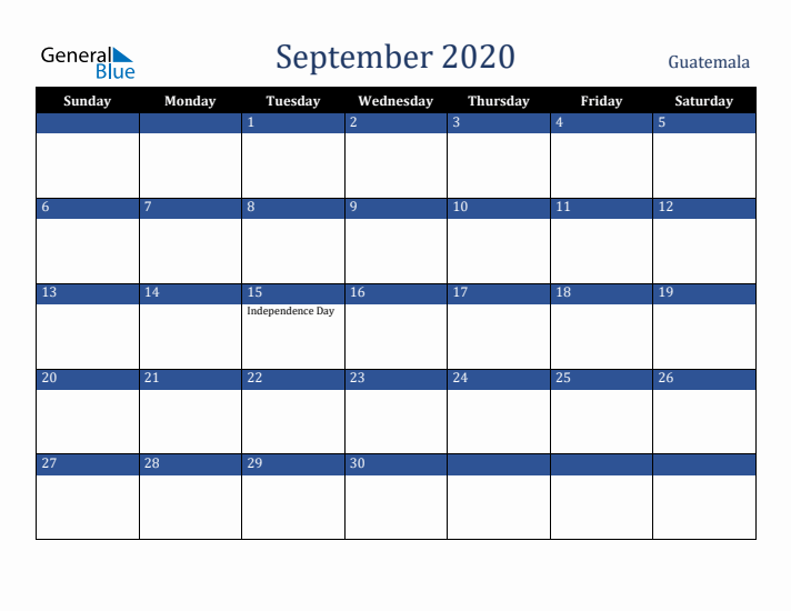 September 2020 Guatemala Calendar (Sunday Start)