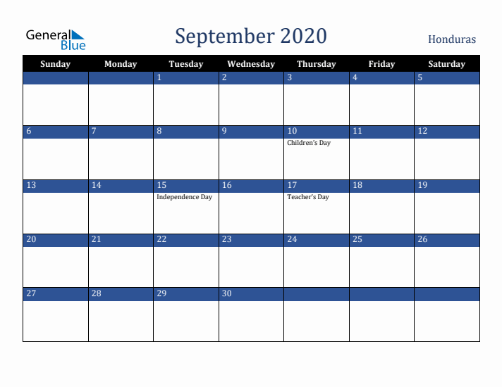 September 2020 Honduras Calendar (Sunday Start)