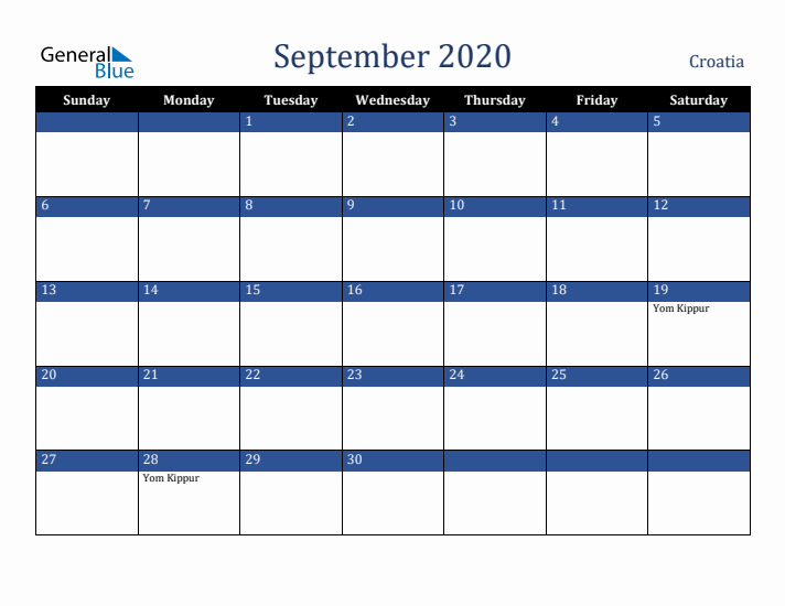 September 2020 Croatia Calendar (Sunday Start)
