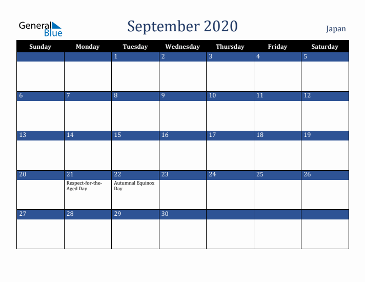 September 2020 Japan Calendar (Sunday Start)