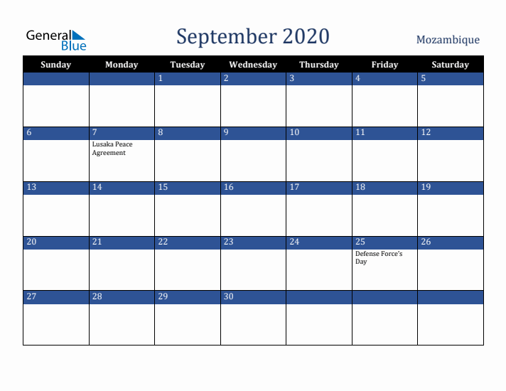 September 2020 Mozambique Calendar (Sunday Start)