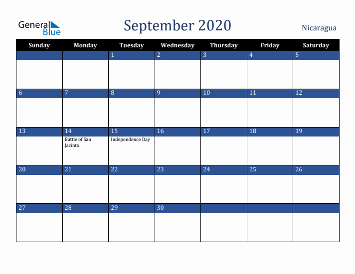September 2020 Nicaragua Calendar (Sunday Start)
