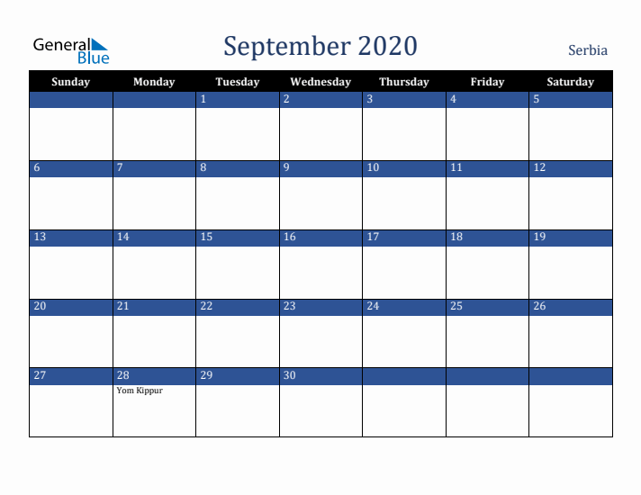 September 2020 Serbia Calendar (Sunday Start)