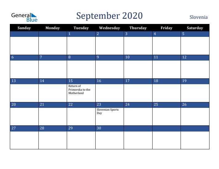 September 2020 Slovenia Calendar (Sunday Start)