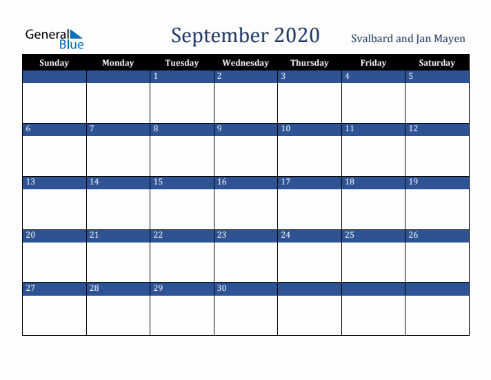 September 2020 Svalbard and Jan Mayen Calendar (Sunday Start)