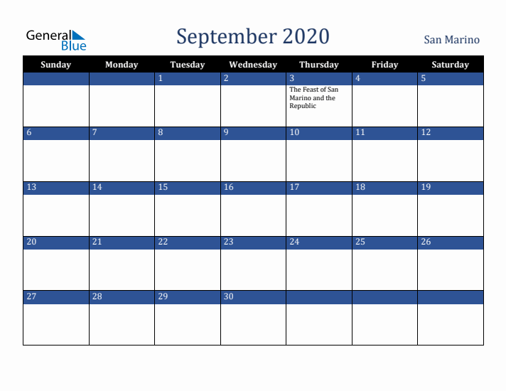 September 2020 San Marino Calendar (Sunday Start)