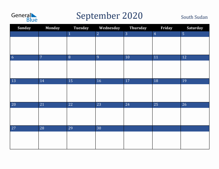 September 2020 South Sudan Calendar (Sunday Start)