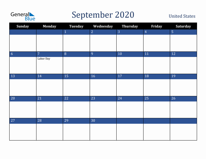 September 2020 United States Calendar (Sunday Start)