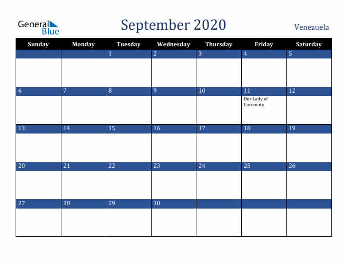 September 2020 Venezuela Calendar (Sunday Start)