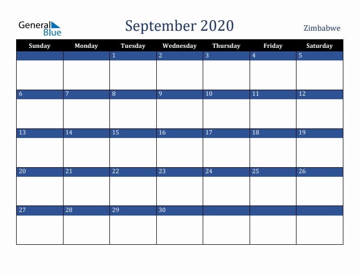 September 2020 Zimbabwe Calendar (Sunday Start)