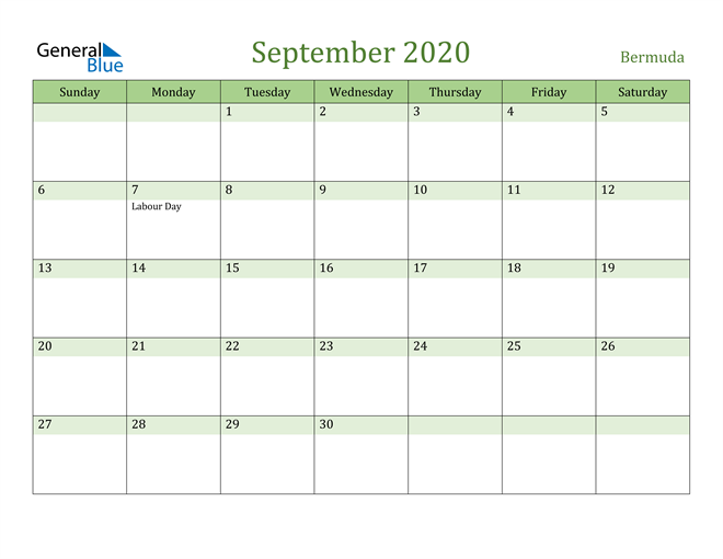 September 2020 Calendar with Bermuda Holidays