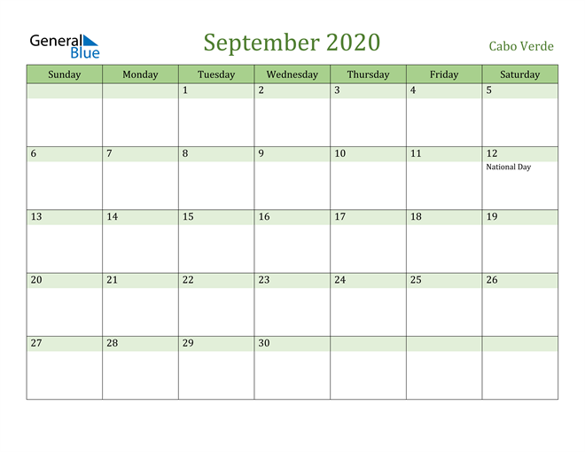 September 2020 Calendar with Cabo Verde Holidays