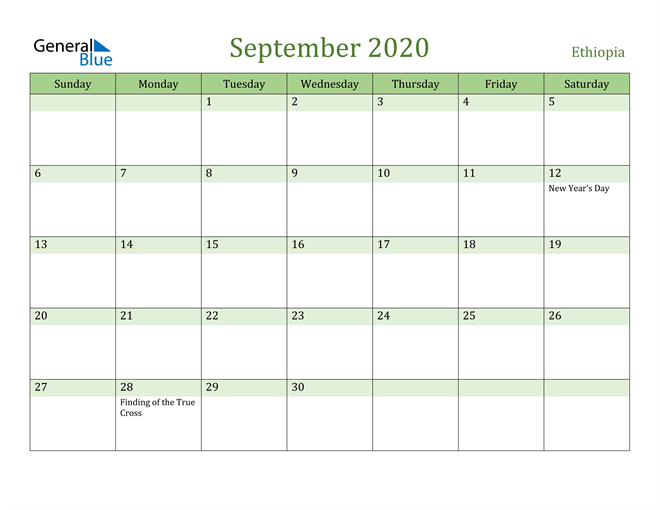 September 2020 Calendar with Ethiopia Holidays