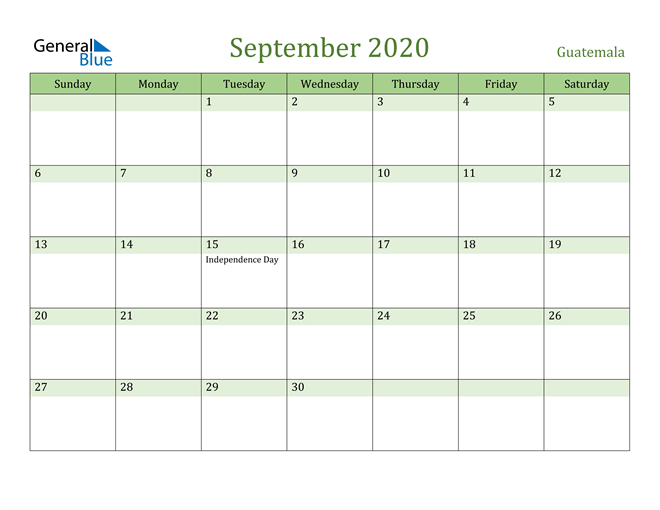 September 2020 Calendar with Guatemala Holidays