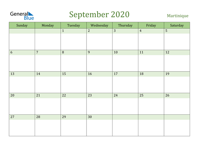 September 2020 Calendar with Martinique Holidays