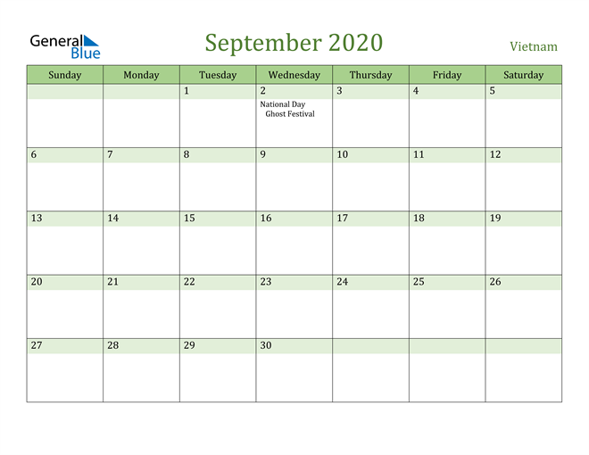 September 2020 Calendar with Vietnam Holidays