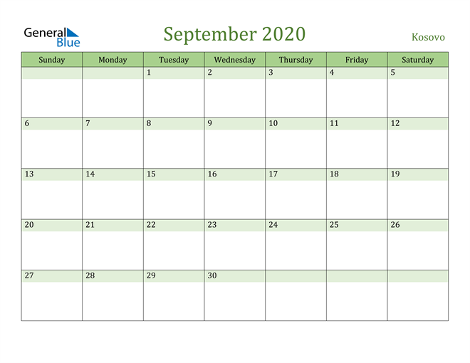 September 2020 Calendar with Kosovo Holidays