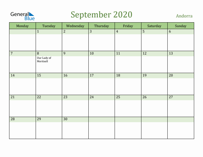 September 2020 Calendar with Andorra Holidays