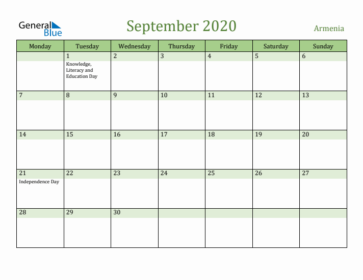 September 2020 Calendar with Armenia Holidays