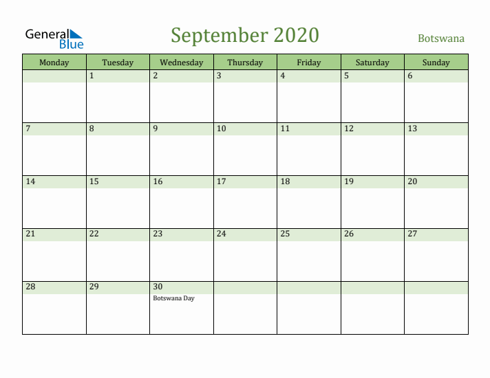 September 2020 Calendar with Botswana Holidays